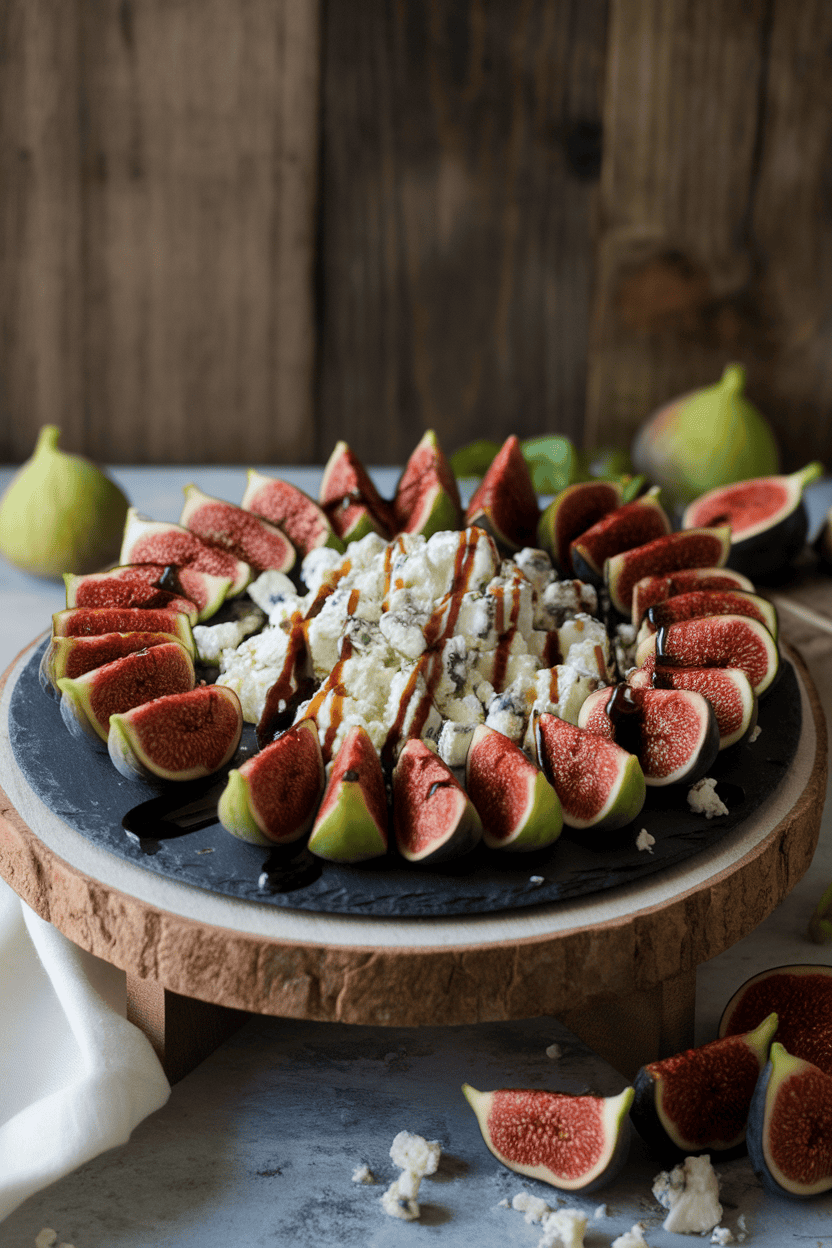 Indoor shot of sliced fresh figs fanned around crumbled blue cheese, drizzled with dark balsamic glaze on a slate board. No text or logos.