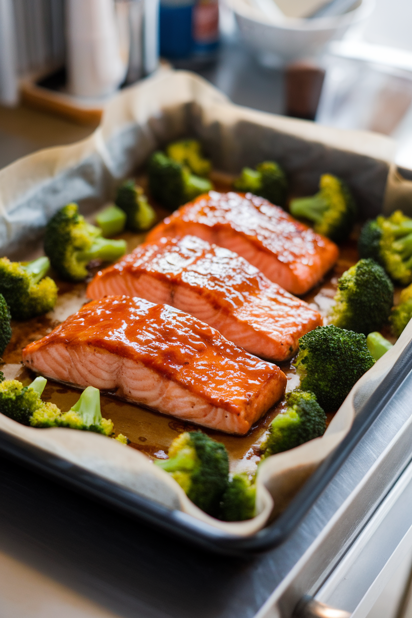 A parchment-lined baking dish on an indoor counter holding cooked teriyaki-glazed salmon fillets beside bright green broccoli florets, light catching the glaze. No text or logos, photo only.