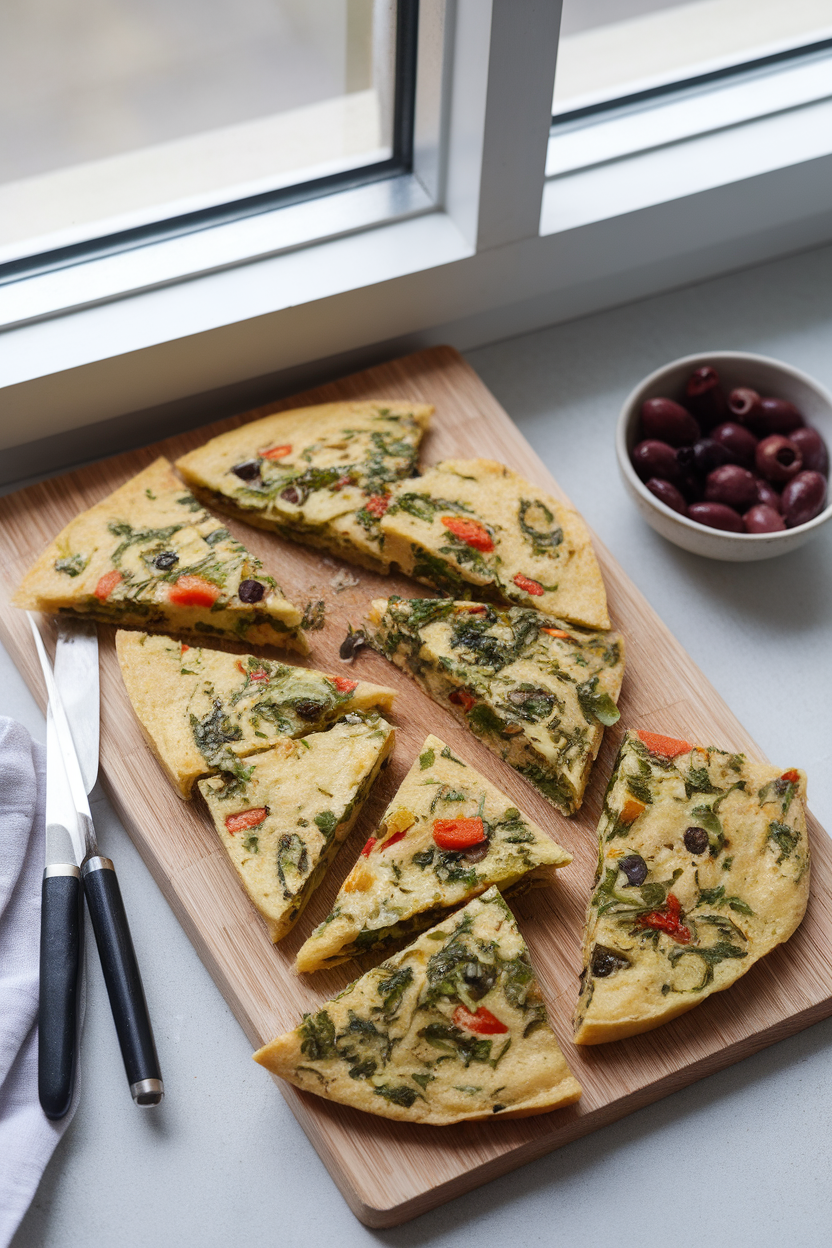 An indoor cutting board displaying triangular slices of chickpea flour farinata studded with herbs and vegetables, shot from above. No text or logos visible.