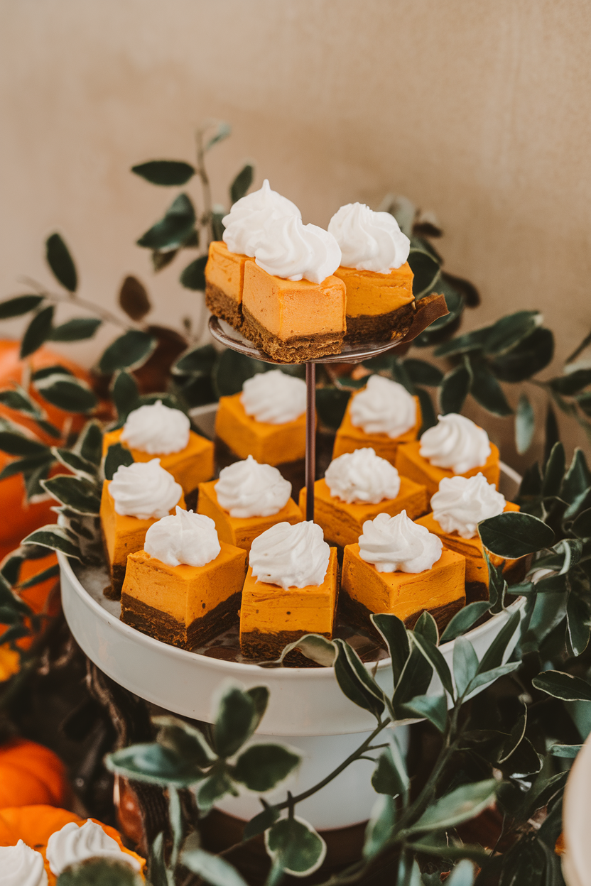 An indoor dessert stand with mini pumpkin cheesecake squares topped with whipped cream, no text or logos. Photo.</Prompt