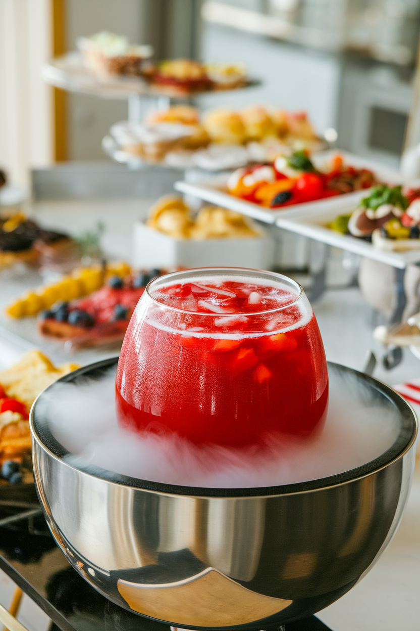 Indoor punch bowl on a buffet, emitting gentle fog from hidden dry ice compartment beneath bright red beverage. Photo, no text or logos.