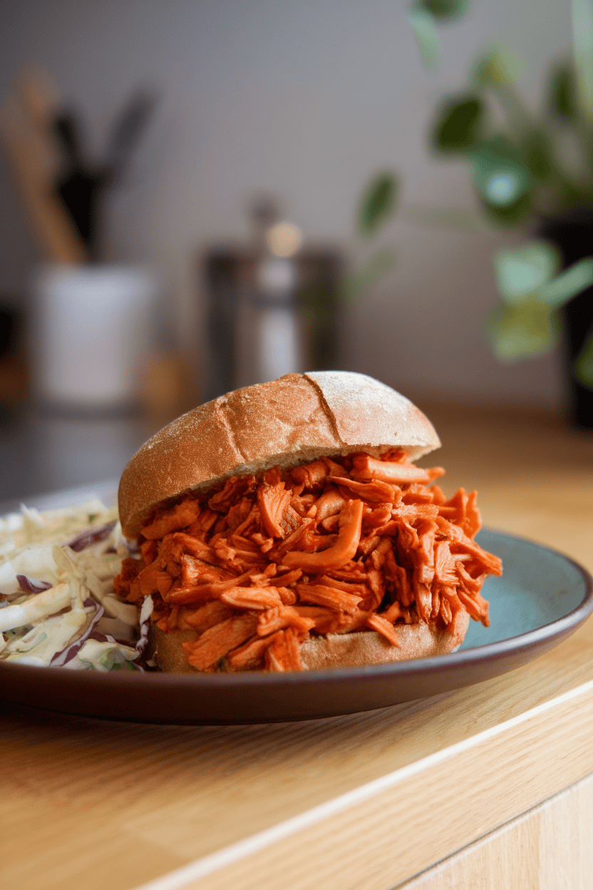 A plate on an indoor counter showing barbecue-sauced shredded jackfruit piled on a whole-wheat bun, side of coleslaw visible. No text or logos.