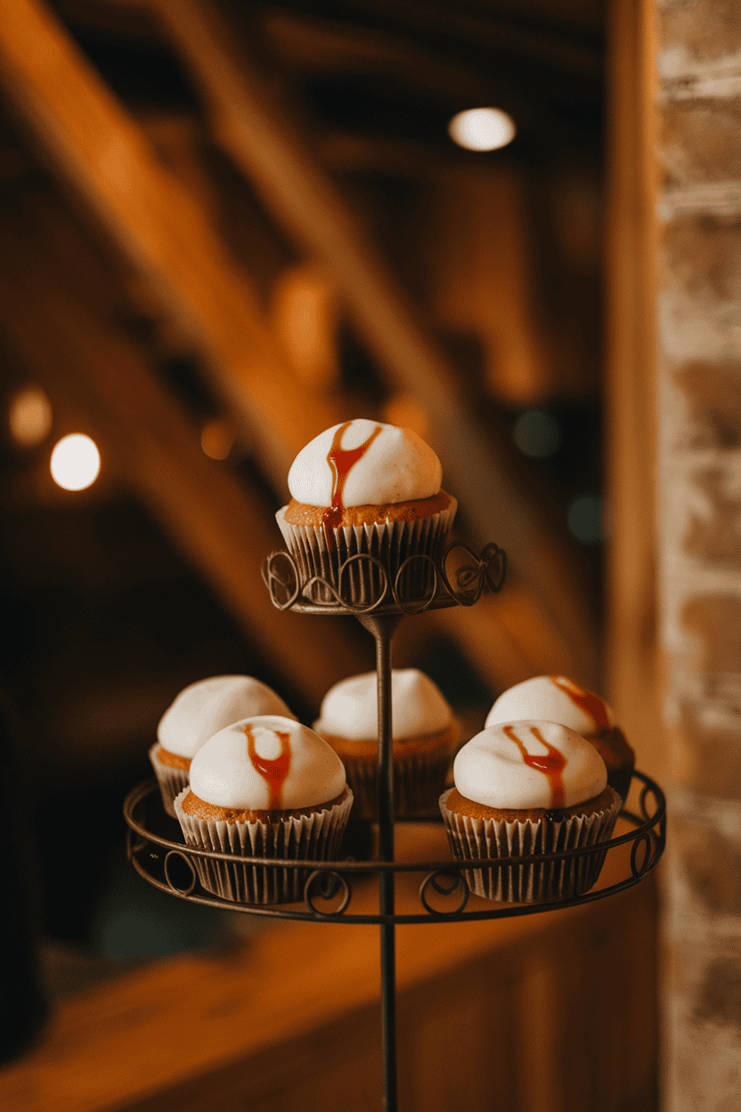 Indoor cupcake stand holding white-frosted cupcakes with two small red jam drips resembling bite marks. Warm lighting; no logos or text.
