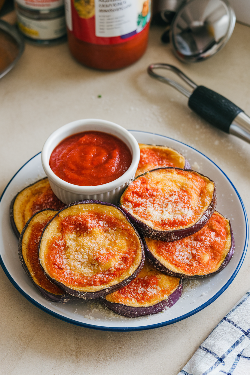 An indoor countertop with a plate of golden air-fried eggplant rounds coated in Parmesan, a small bowl of marinara beside it. No text or logos, photo only.