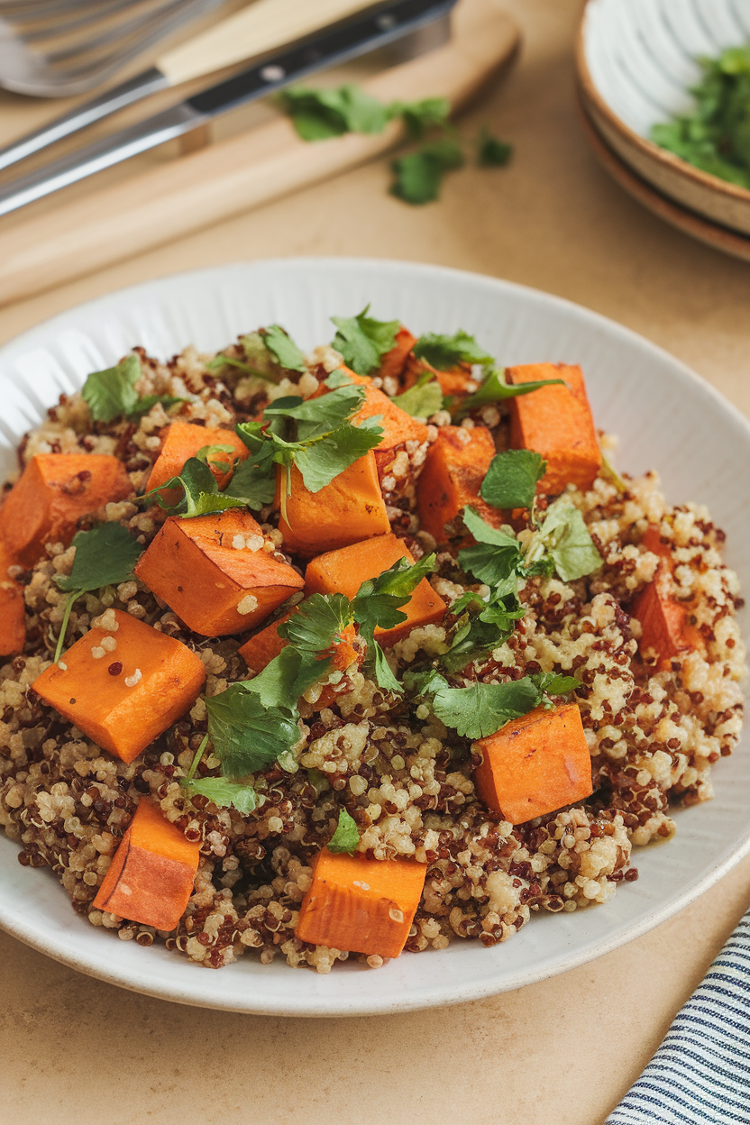 Indoor photo of roasted sweet potato cubes mixed into quinoa with chopped coriander leaves; no visible logos or text.