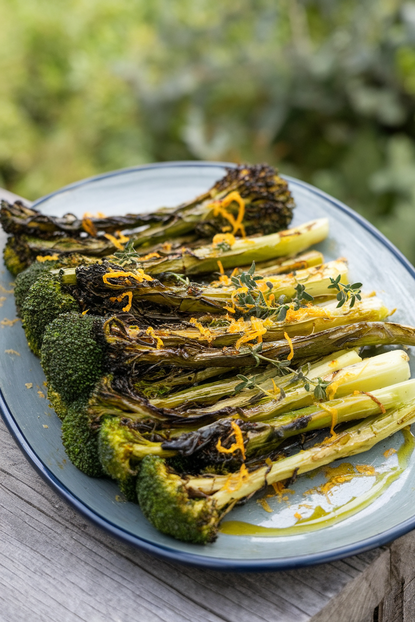 Indoor platter of charred broccolini drizzled with lemon zest and thyme leaves, glistening with olive oil. Photo, no text or logos.