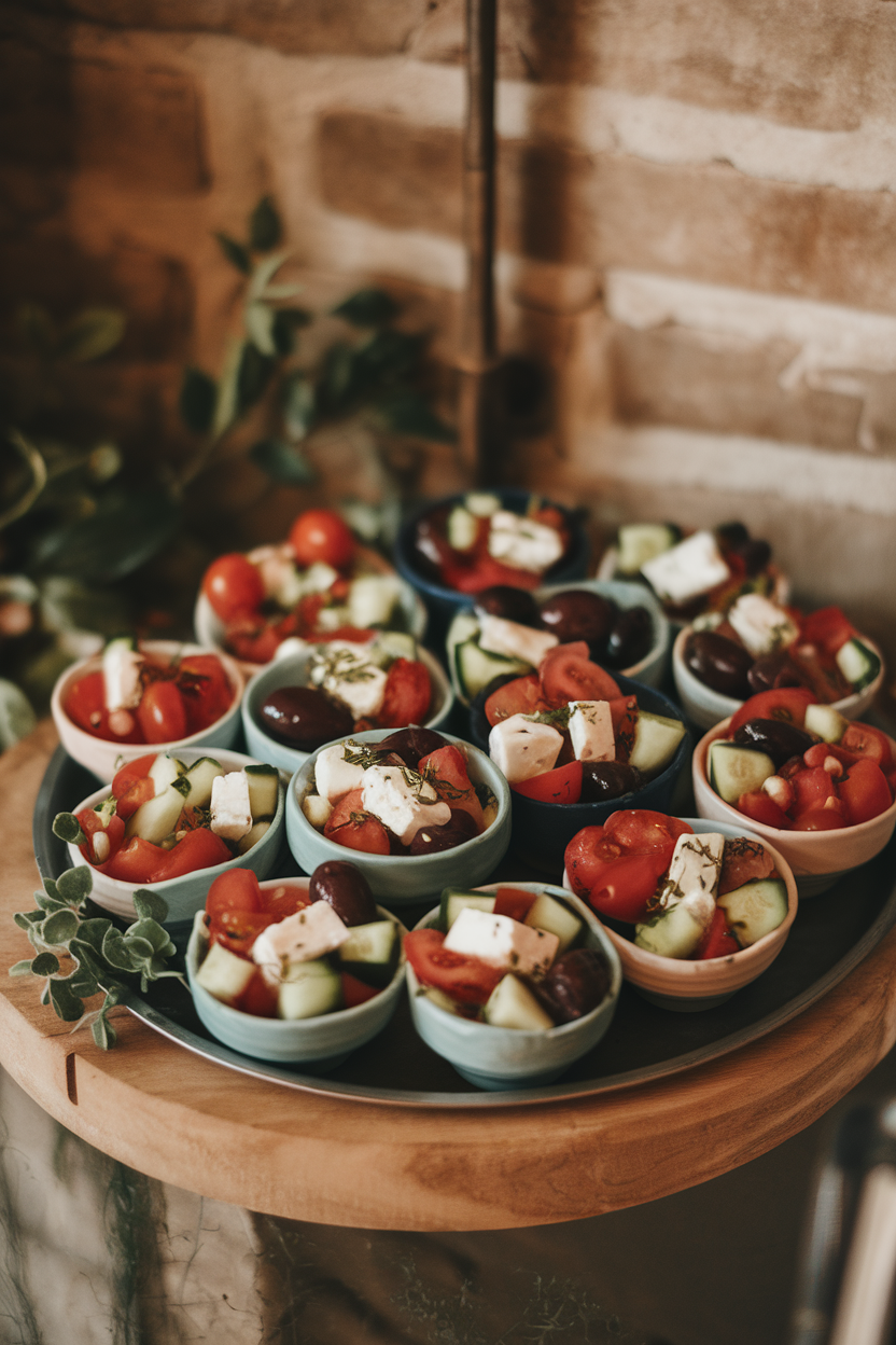 Indoor mini cups filled with diced tomatoes, cucumbers, olives, feta, and oregano, lightly glistening with olive oil. No text or logos. Photo, not illustration.