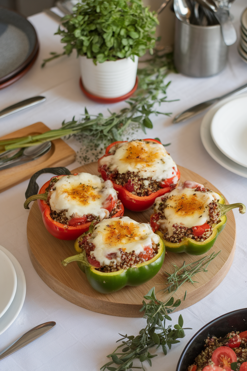 An indoor dining table displaying halved bell peppers filled with herbed quinoa, tomatoes, and olives; melting cheese lightly browned on top, no logos present.