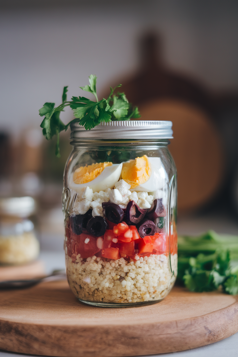 Mason jar indoors layered with cooked couscous, diced tomato, olives, feta crumbles, and chopped hard-boiled egg. No text or logos.