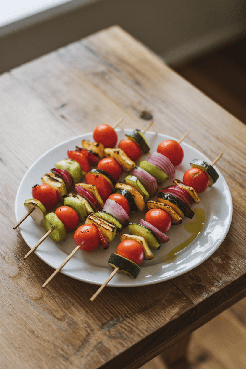 A wooden indoor table with colorful skewers of grilled zucchini, bell peppers, cherry tomatoes, and red onion resting on a white platter, olive oil glistening under soft light. No text or logos; photo, not illustration.