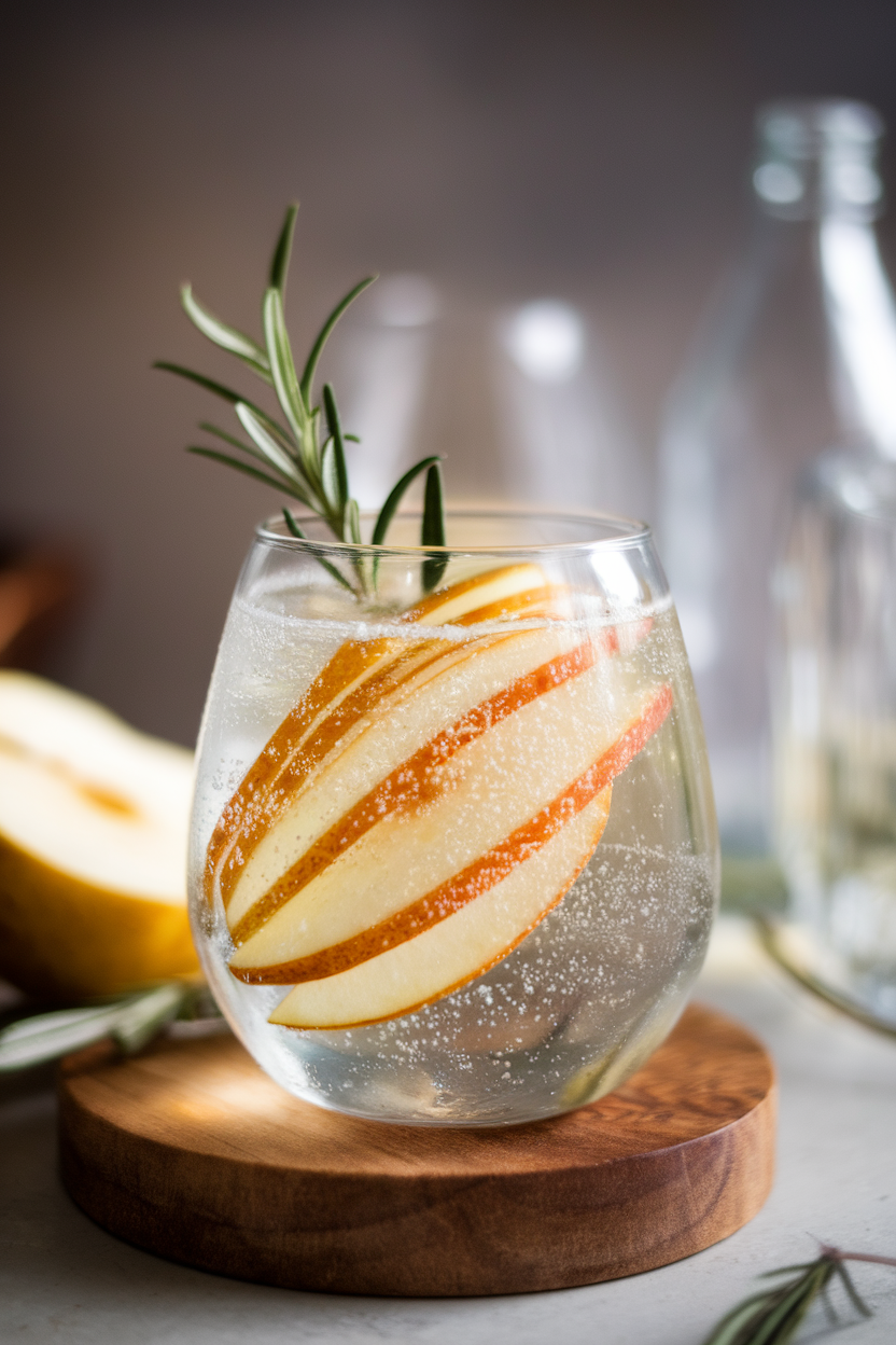 Photo of a stemless wine glass indoors, effervescent pear and rosemary spritz with thin pear slices and a rosemary sprig rising through the bubbles. No text or logos in view.