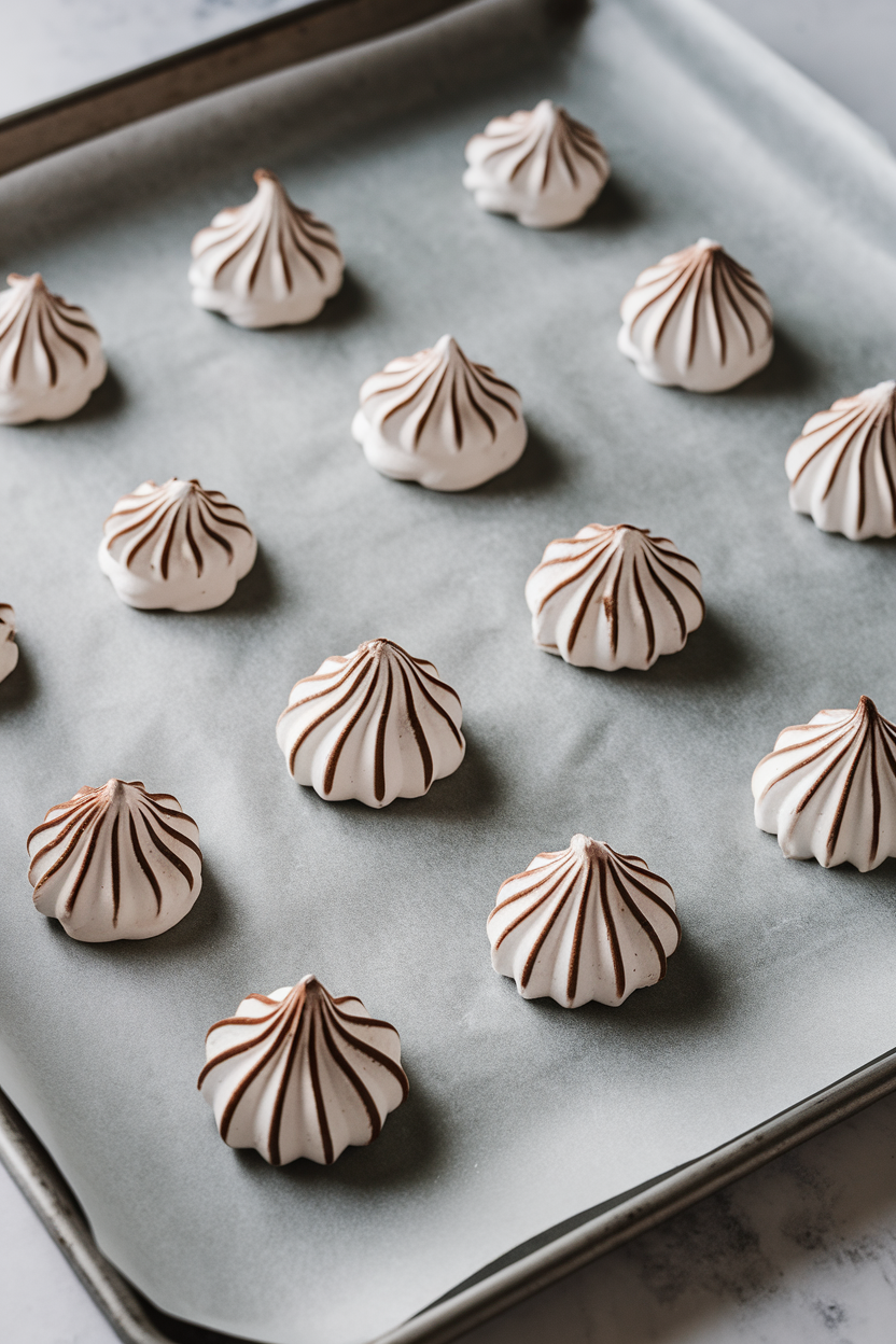 Indoor baking sheet lined with parchment, dotted with crisp mocha meringue kisses, subtle shine on their peaks. No text or logos.