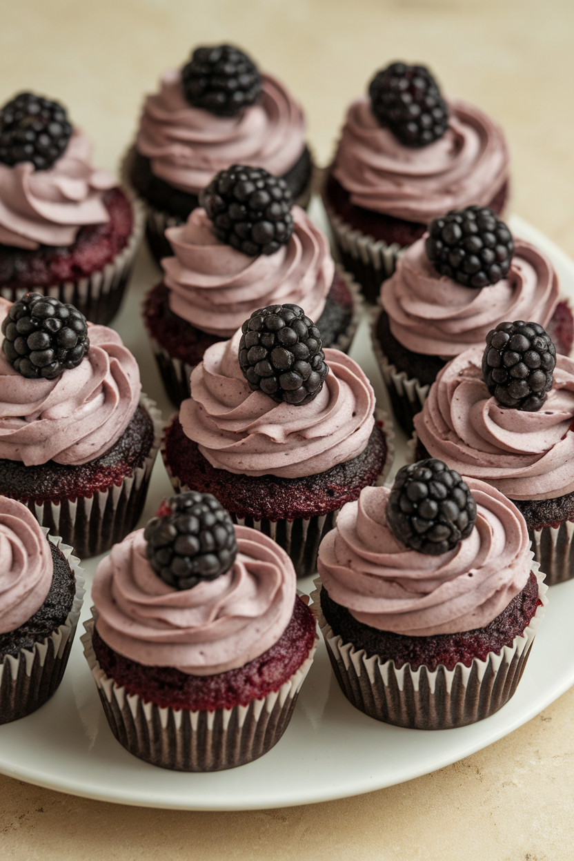 Indoor scene with dark chocolate cupcakes filled with blackberry jam, frosted in blackberry buttercream, garnished with a fresh berry, no text or logos.