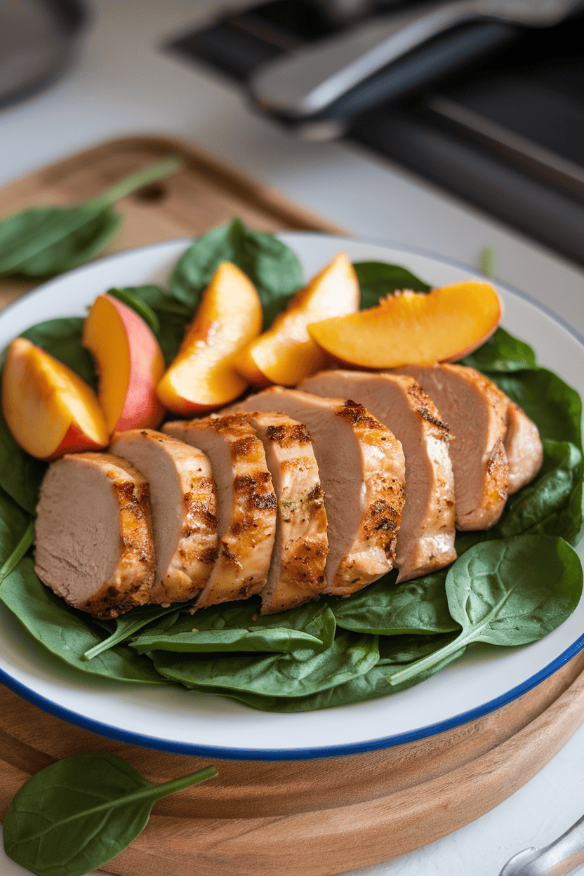 Photo of sliced grilled chicken beside peach wedges on spinach leaves indoors, no text or logos.