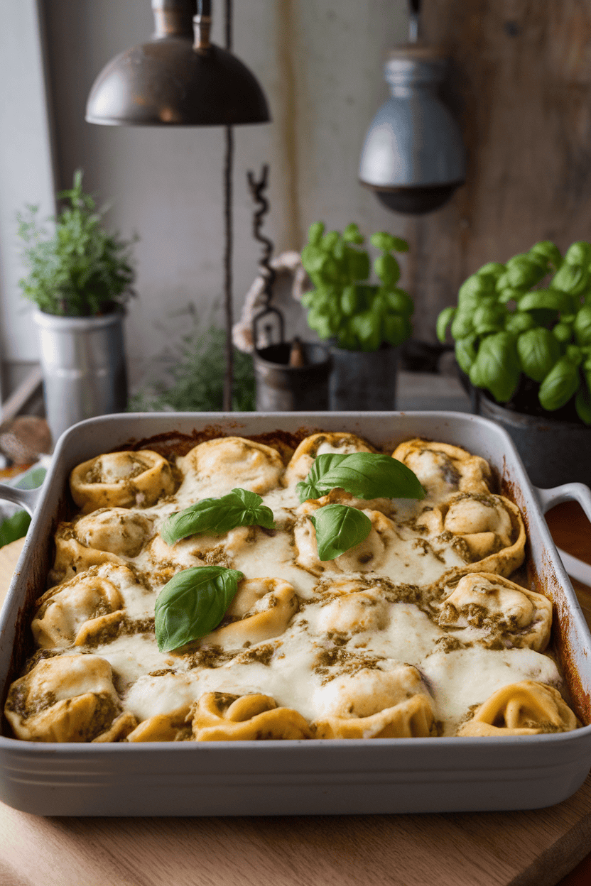 Indoor photo of a baking dish overflowing with cheese tortellini coated in pesto and topped with melted mozzarella, lightly browned. No text or logos present.