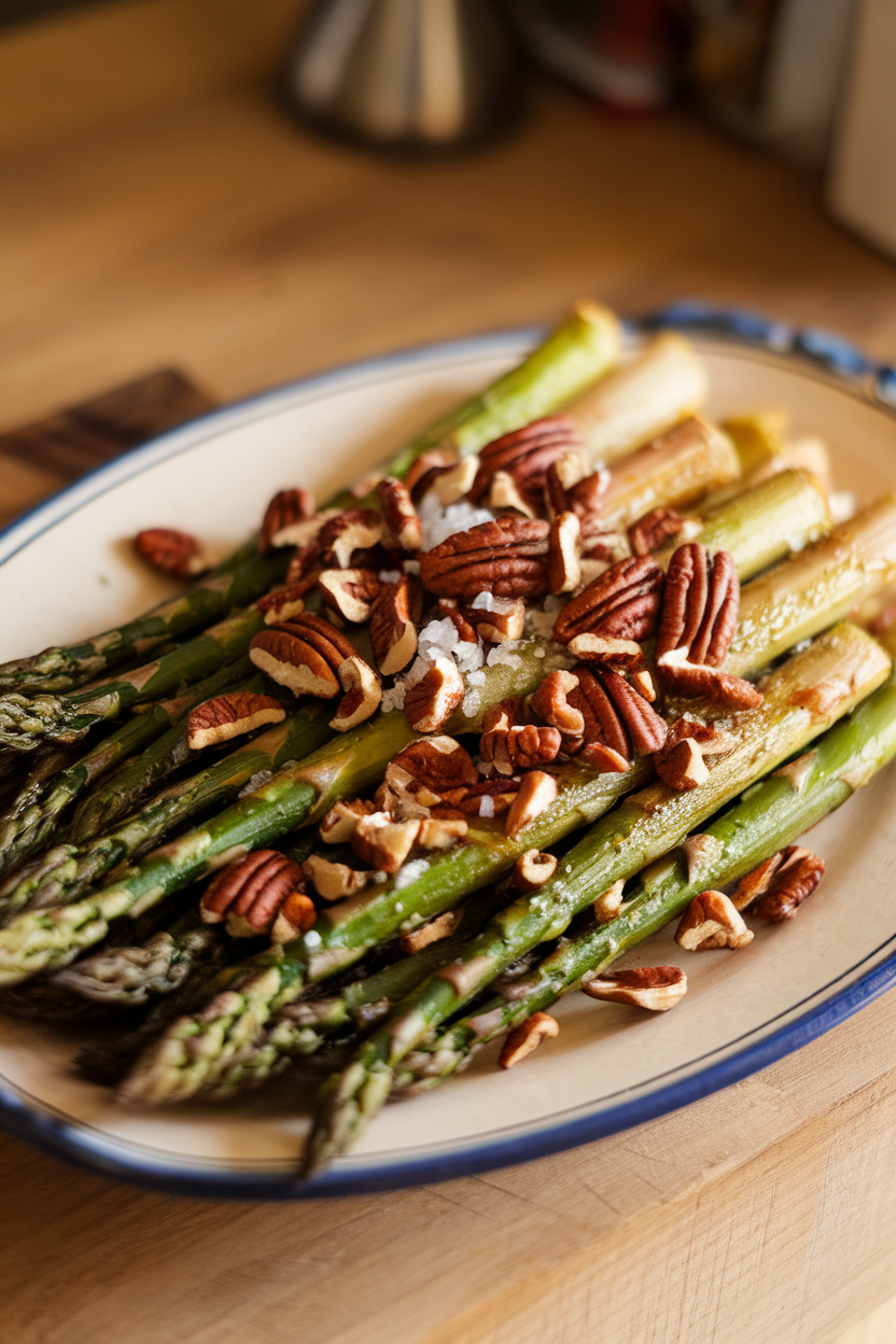 A platter of roasted asparagus spears sprinkled with chopped toasted pecans and sea salt, shot indoors with warm lighting; no text or logos. Photo only.