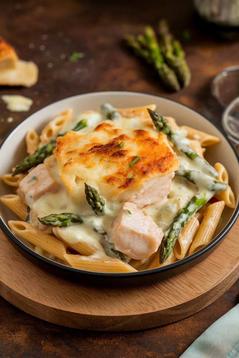 Indoor casserole dish of penne mixed with cod, asparagus pieces, and creamy cheese sauce, browned on top. No text or logos.