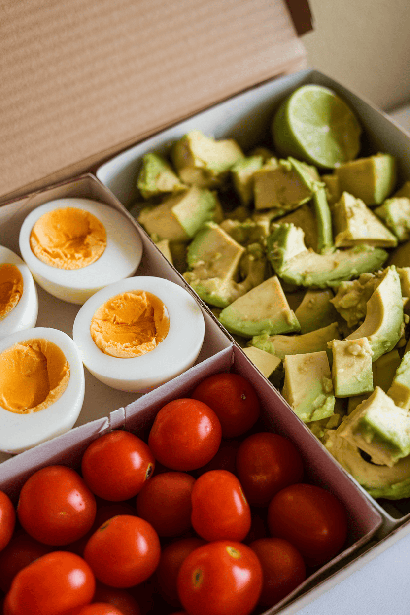 Indoor image of halved hard-boiled eggs, diced ripe avocado with lime, and bright cherry tomatoes in separate box compartments; no text or logos.