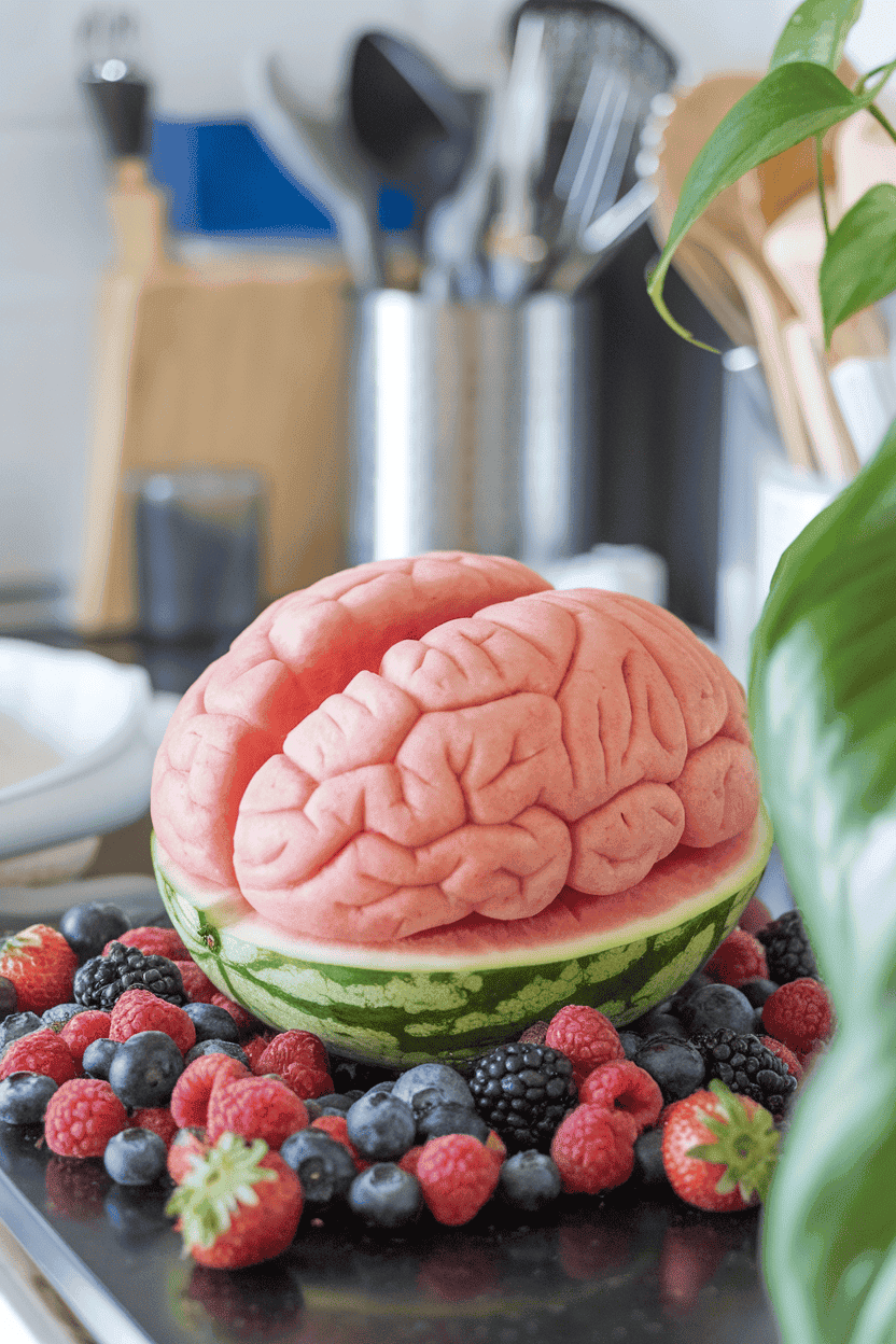 Indoor kitchen counter with a small watermelon carved to resemble a brain, pink flesh scored into folds, surrounded by mixed berries. Photograph; no text or logos.