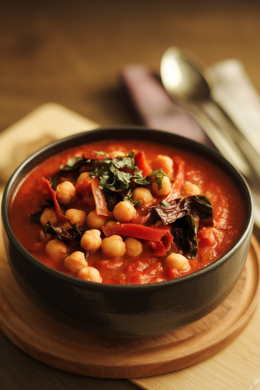 Indoor photo of a deep bowl filled with tomato-based stew featuring chickpeas and ribbons of Swiss chard, steam visible. No logos.