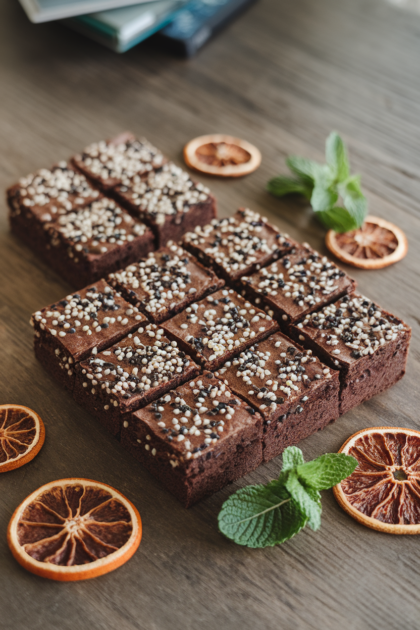 Indoor image of brownie rectangles sprinkled with white and black sesame seeds arranged to resemble ancient spellbook pages; no text or logos