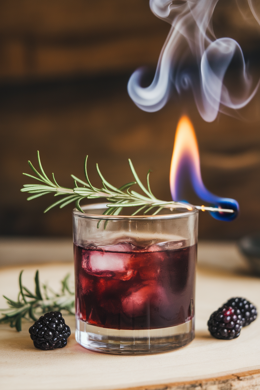 Indoor cocktail setup with a rocks glass of deep purple old fashioned, torched rosemary sprig emitting smoke, a couple of blackberries beside the glass. No text or logos visible. Photo, not illustration.