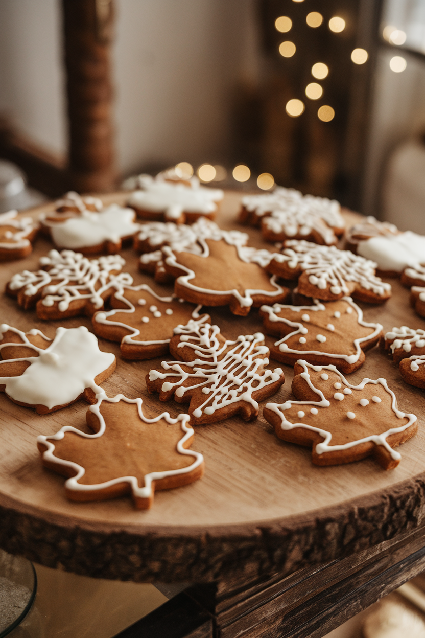 Indoor wooden board covered with maple leaf-shaped gingerbread cookies, some dipped in white chocolate. Cozy ambient light, no text or logos. Photo, not illustration.