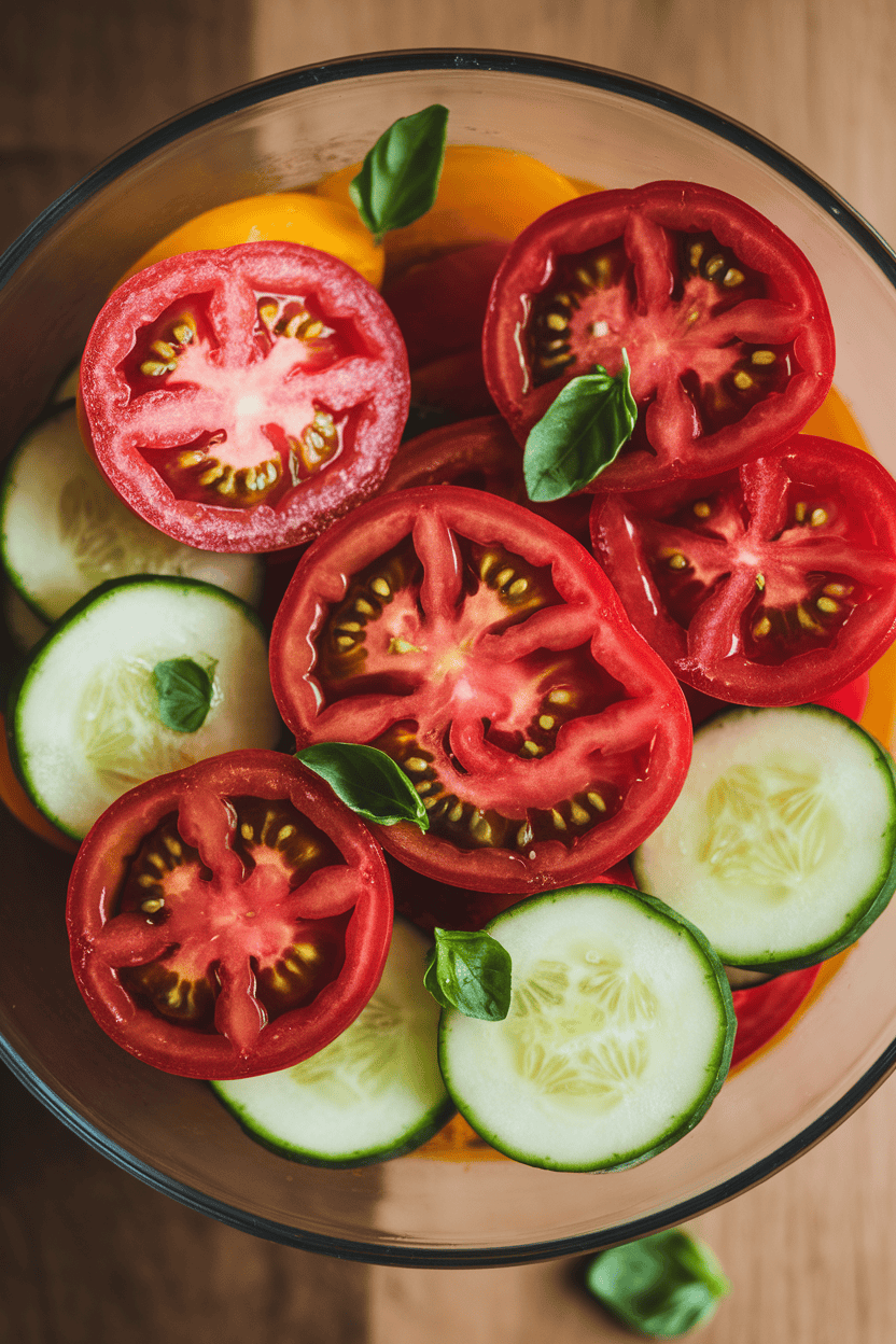 Photo of sliced heirloom tomatoes and cucumbers tossed in vinaigrette, displayed in a shallow bowl indoors. No logos or text appear.