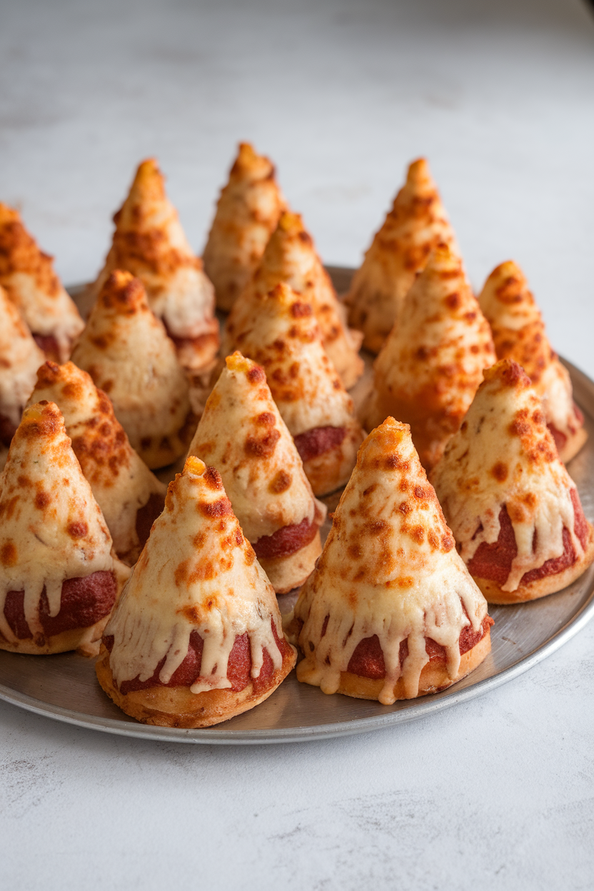 Indoor tray of small, cone-shaped pizza slices standing upright like witch hats, cheese bubbling at the brim. Photo only, no text or logos.