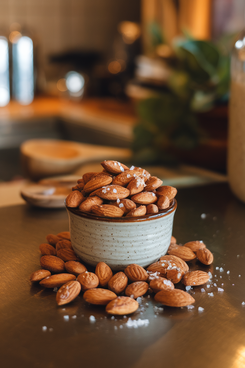 A small ceramic bowl on an indoor bar top filled with toasted Marcona almonds dusted with smoked paprika and sea salt. No text or logos. Photo, not illustration.