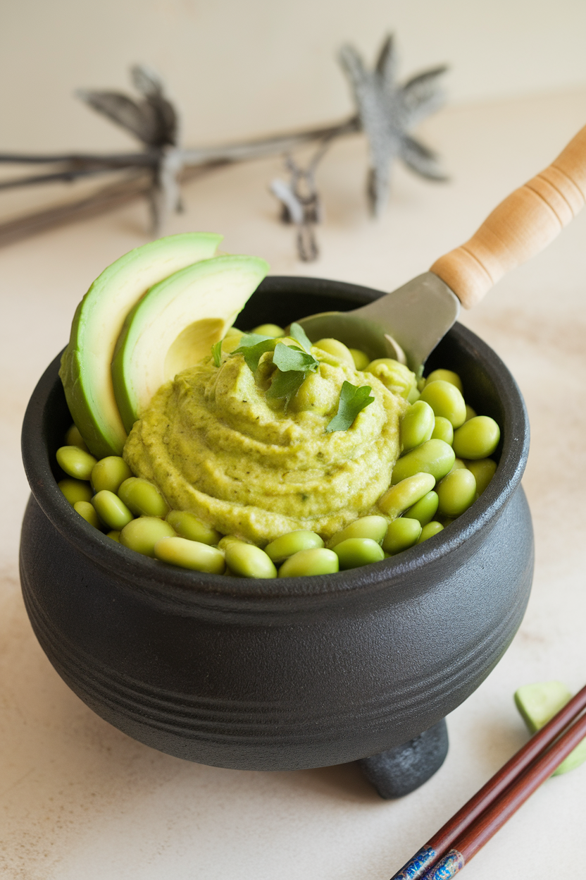 Indoor photo of shelled edamame tossed in bright green wasabi-avocado puree, served in a black cauldron-shaped bowl with a ladle. No text or logos.