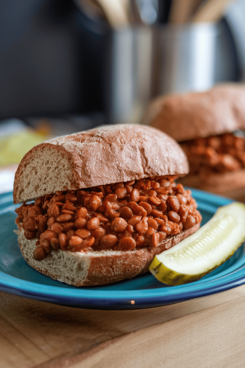 An indoor plate holding a whole-grain bun filled with saucy BBQ lentils, pickle spear on side, no text or logos.