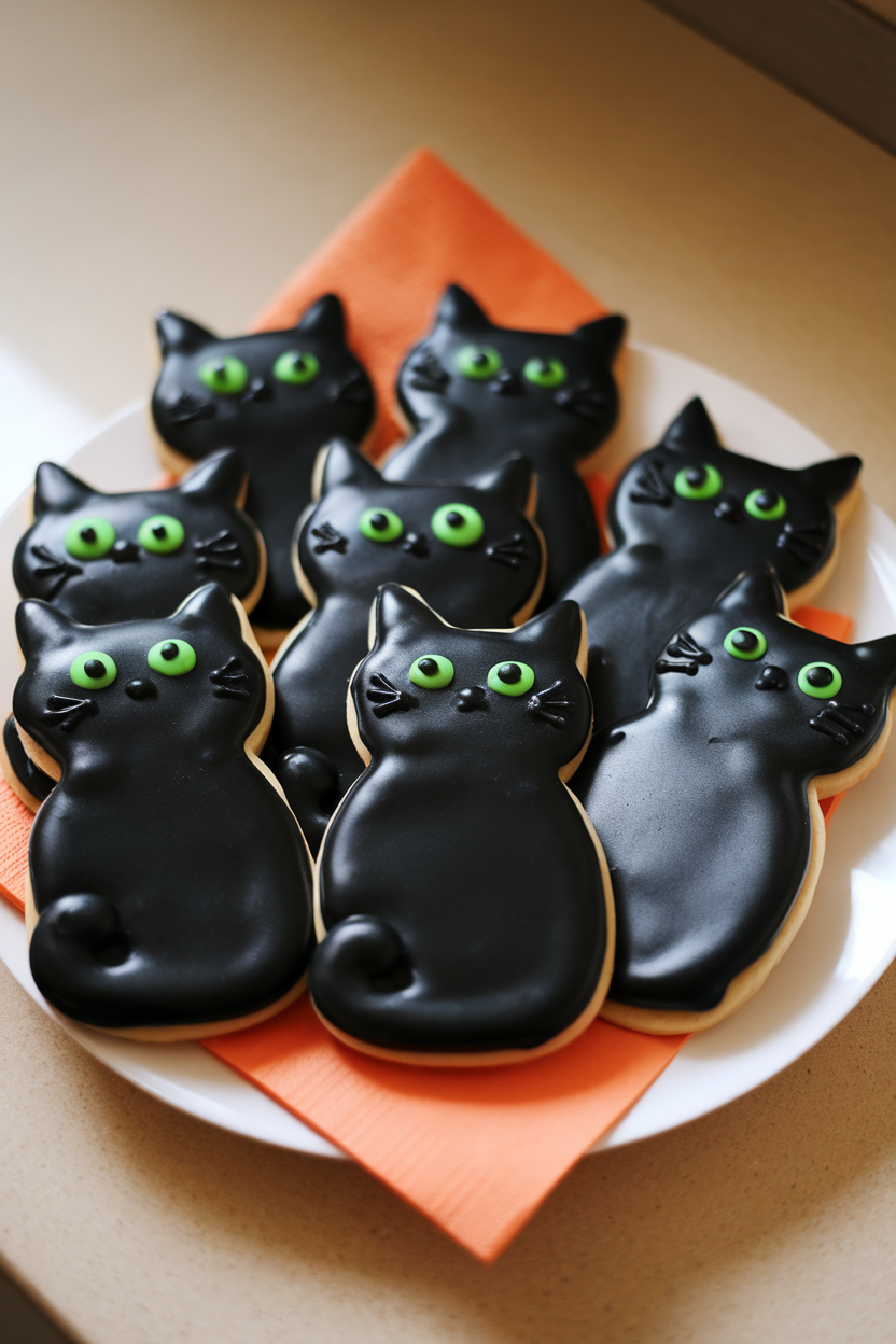 Indoor photo of cat-shaped cookies coated in glossy black icing with tiny green eyes, sitting on an orange napkin, no text or logos.