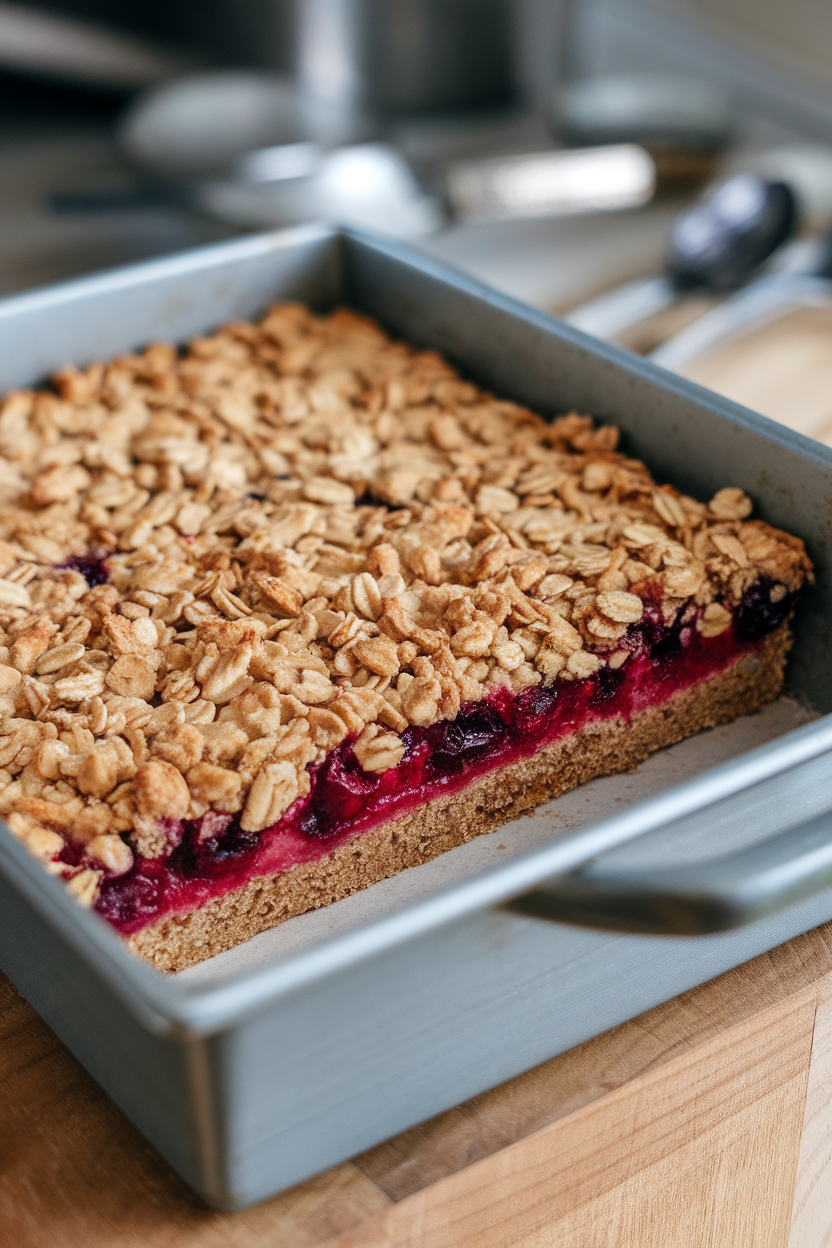 An indoor rectangular baking dish containing layered crumble bars, ruby cranberry filling visible between golden oat layers. No text or logos.