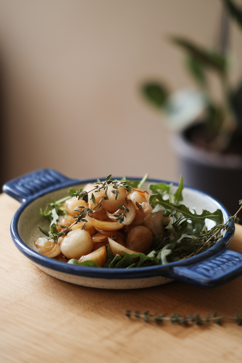 Indoor photo of caramelized pearl onions tossed with thyme leaves and arugula on a ceramic platter; soft light, no text or logos.
