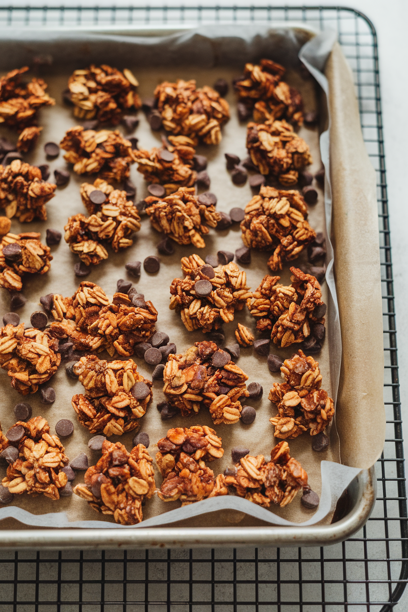An indoor baking tray lined with chunky chocolate granola clusters, cooling on parchment. Photo only, no text or logos.
