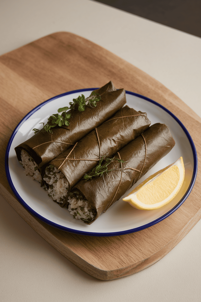 Indoor serving plate with neatly rolled grape leaves filled with rice and herbs, lemon wedges on the side. No text or logos. Photo, not illustration.