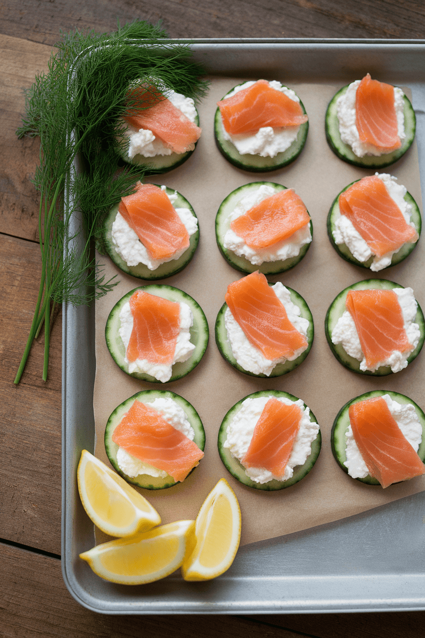 Photo of cucumber rounds topped with cottage cheese and smoked salmon strips on a tray indoors, no text or logos.