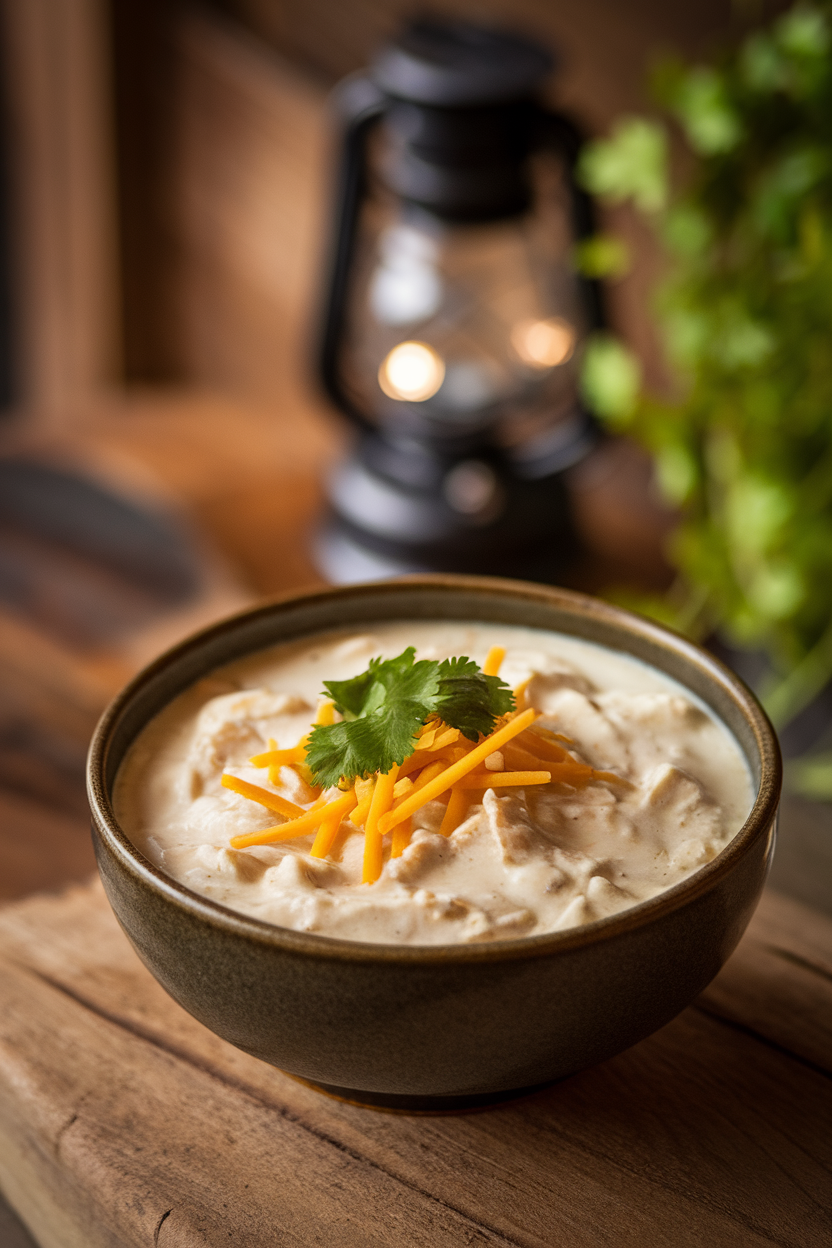 Indoor soup bowl of creamy white chicken chili topped with Monterey Jack cheese and cilantro, no text or logos. Photo.