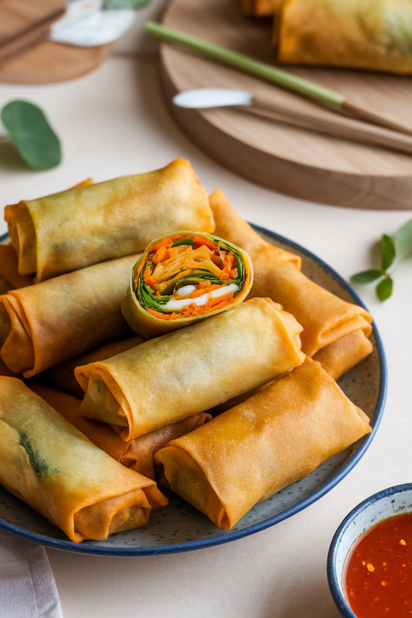 An indoor platter holding crisp golden spring rolls, one cut on the bias to show pumpkin and veggie filling, a sweet chili dipping bowl nearby. No text or logos. Photo, not illustration.