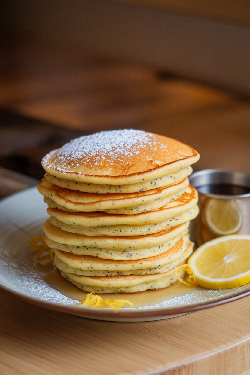 Stack of small lemon poppy seed pancakes on an indoor plate with a lemon zest garnish and syrup on the side. No text or logos.