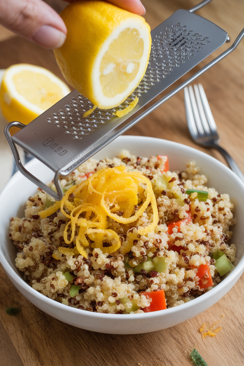 Indoor photo of a microplane grating lemon zest over a bowl of quinoa salad; no text or logos