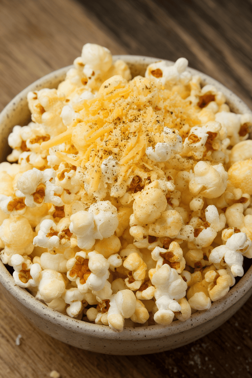 Indoor ceramic bowl of air-popped popcorn dusted with grated parmesan and black pepper, no visible logos