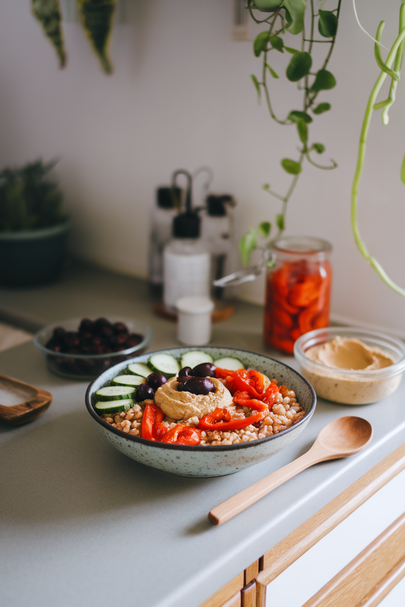 An indoor countertop with bowls of cooked farro topped with cucumbers, olives, roasted red peppers, and a dollop of hummus. Photo only, no logos or text.