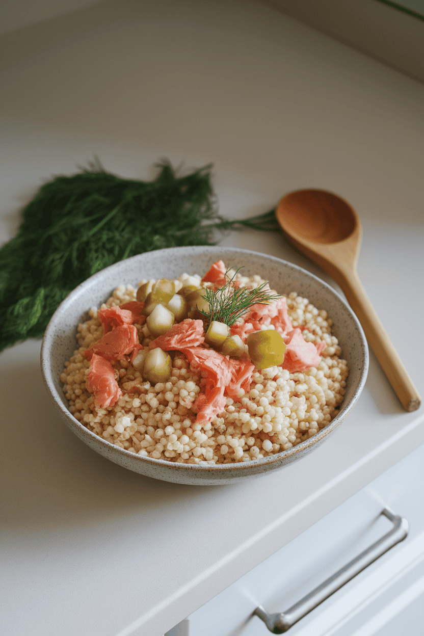 Indoor countertop with a bowl of pearl couscous mixed with flaked salmon, diced pickles, and fresh dill. Photo only; no text or logos.