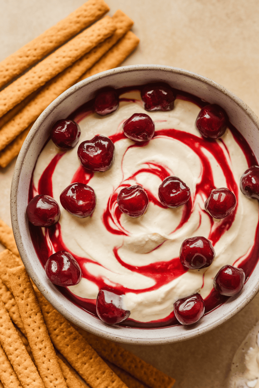 Indoor photo of a shallow bowl of creamy cheesecake dip swirled with cherry pie filling, graham cracker sticks alongside, no text or logos