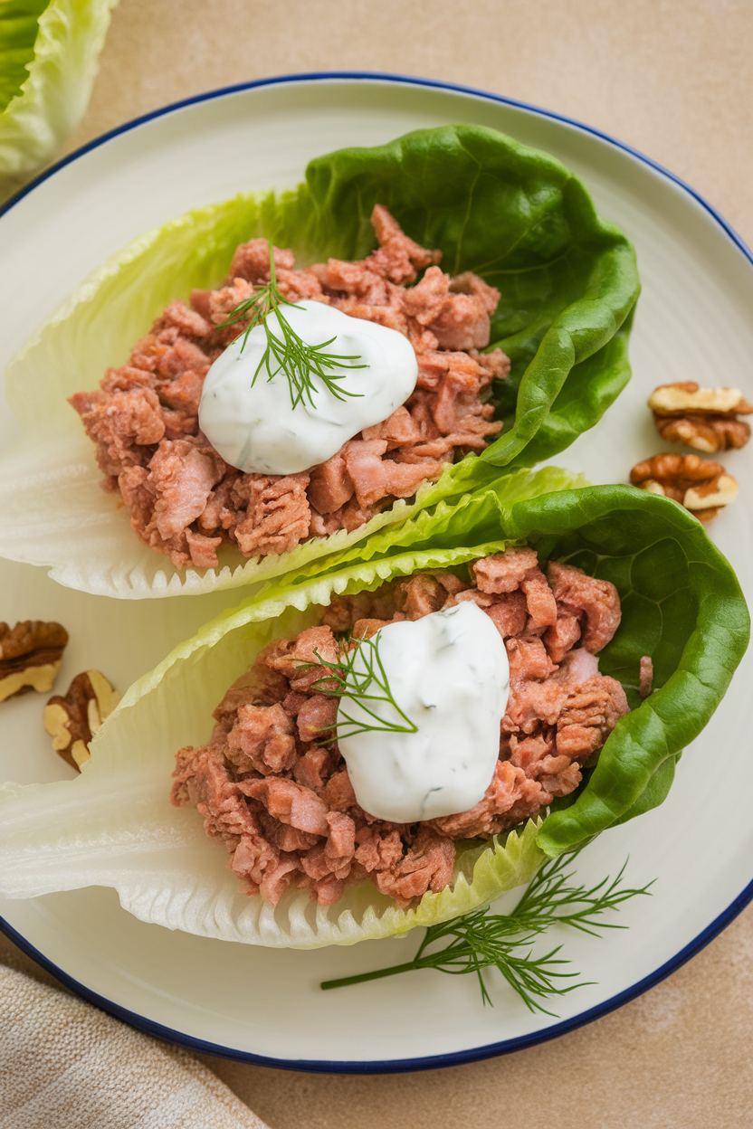 Indoor plate with two butter lettuce leaves filled with finely minced cooked turkey and a dab of mild yogurt sauce. No text or logos; photo only.