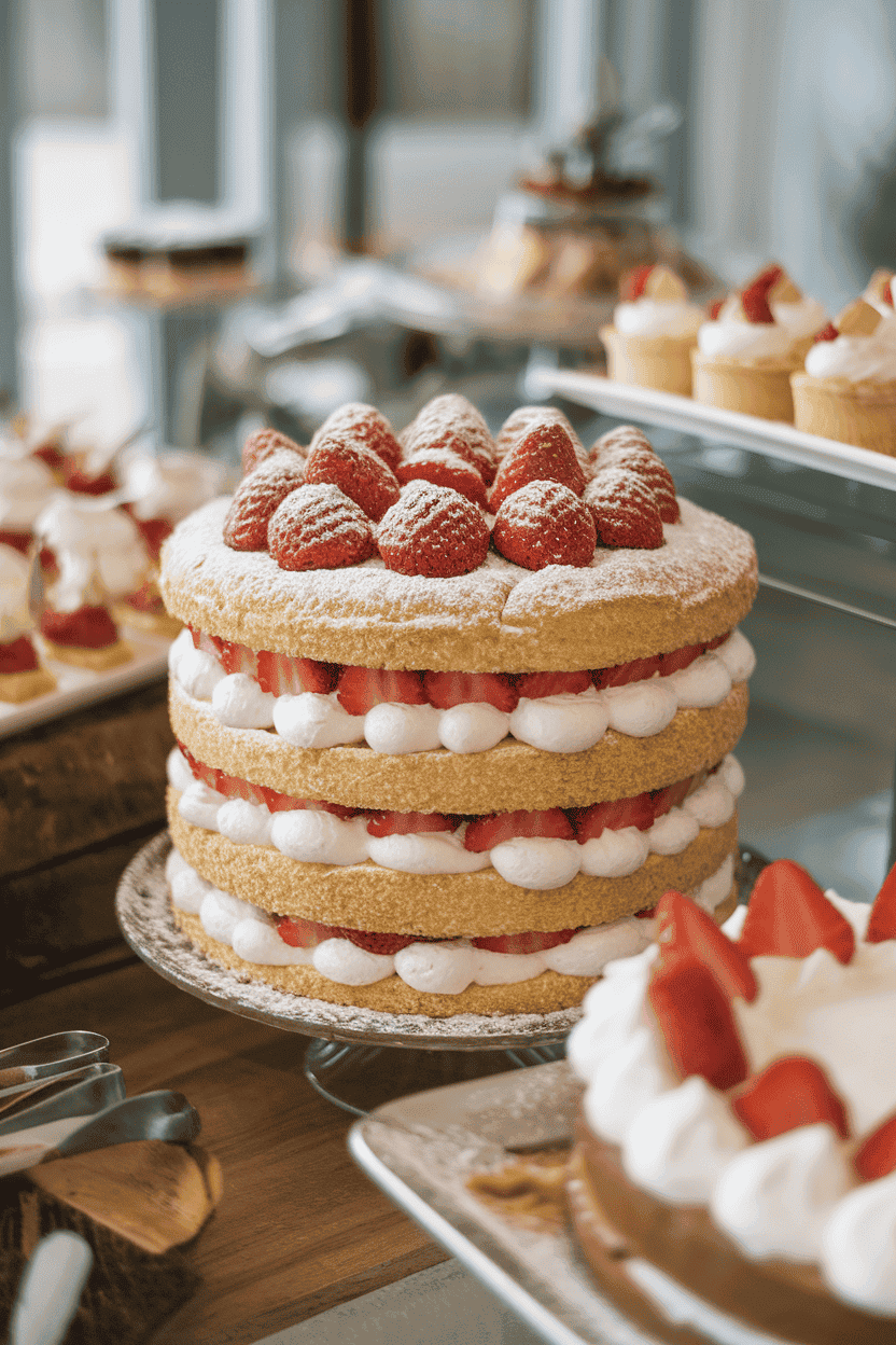 An indoor dessert buffet showing three cake layers sandwiching whipped cream and fresh strawberry slices, dusted lightly with powdered sugar. No text or logos. Photo only.