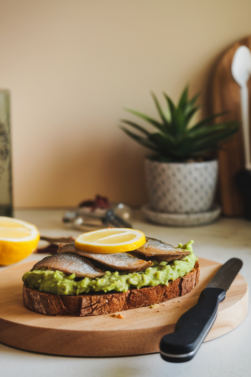 A softly lit indoor kitchen scene showing rye toast topped with mashed avocado, cooked sardine fillets, and a squeeze of lemon, no text or logos.