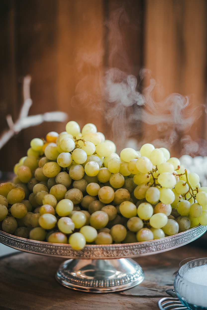 A silver platter indoors piled high with chilled green grapes misted with edible shimmer spray, faint steam from dry ice nearby. No text or logos.